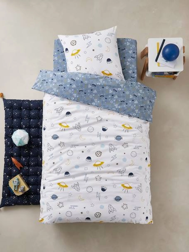 Parure housse de couette + taie d'oreiller essentiels enfant COSMOS - bleu / multicolore