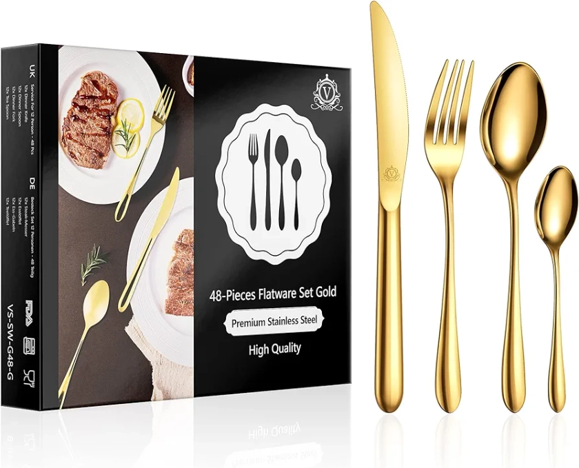 vancasso Gold Cutlery Set, 48 Piece Food-Grade Stainless Steel Silverware Cutlery Set for 12 People, Mirror Polished Cutlery sets Include Knives/Spoons/Forks, Gift Package for Wedding Housewarming