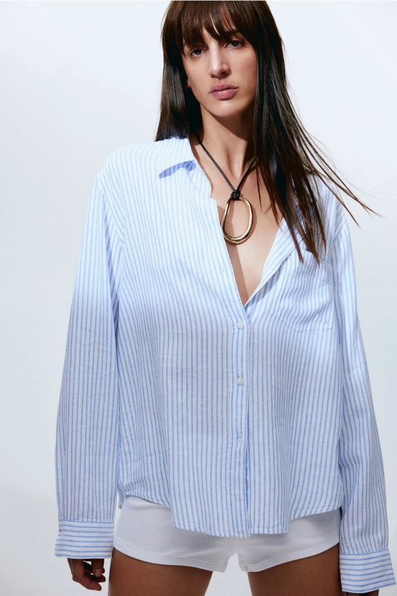 Linen-blend shirt - White/Blue striped - Ladies | H&M GB