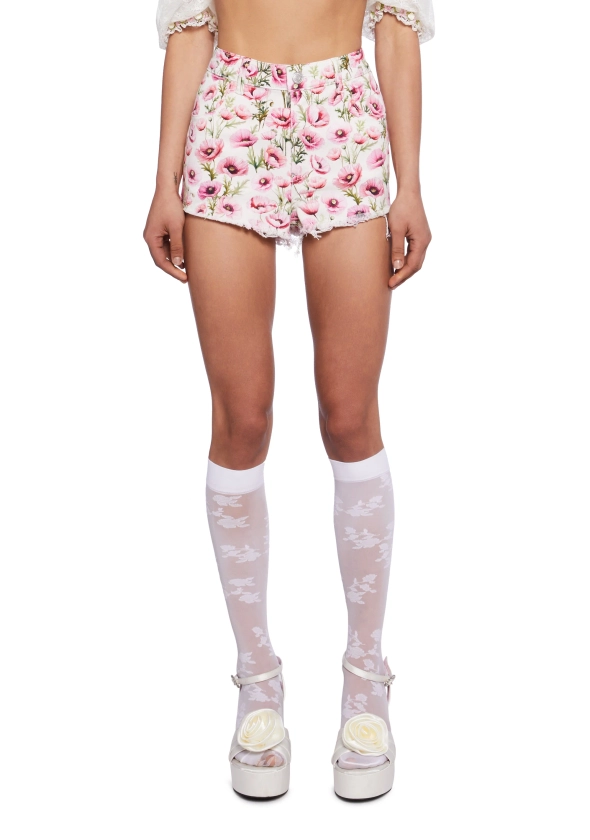 Sugar Thrillz Italian Summer Poppy Floral Distressed Denim Shorts - White