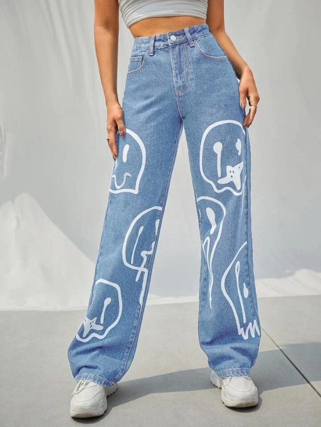 SHEIN Jean taille haute dessin animé ample