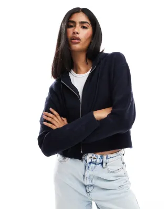 Miss Selfridge zip through crop knit hoody in navy | ASOS