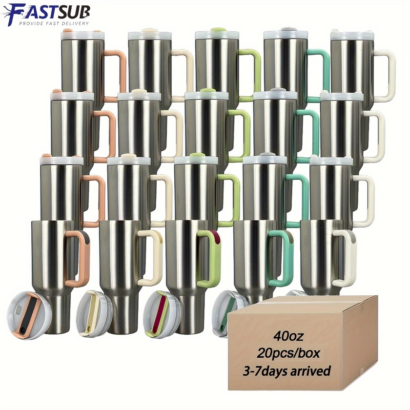 FASTSUB 20pcs, 40oz Stainless Steel Tumbler With Colorful Handle, Vacuum Insulated Cup With Lid And Straw
