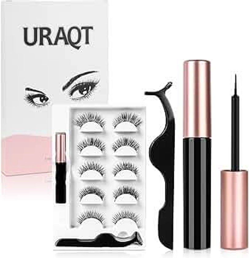 URAQT Magnetic Eyelashes with Eyeliner Kit, 5 Pairs Natural Look False Eyelashes with Applicator, Waterproof Eyeliner Reusable Fake Lashes for Makeup Eyelashes Extension