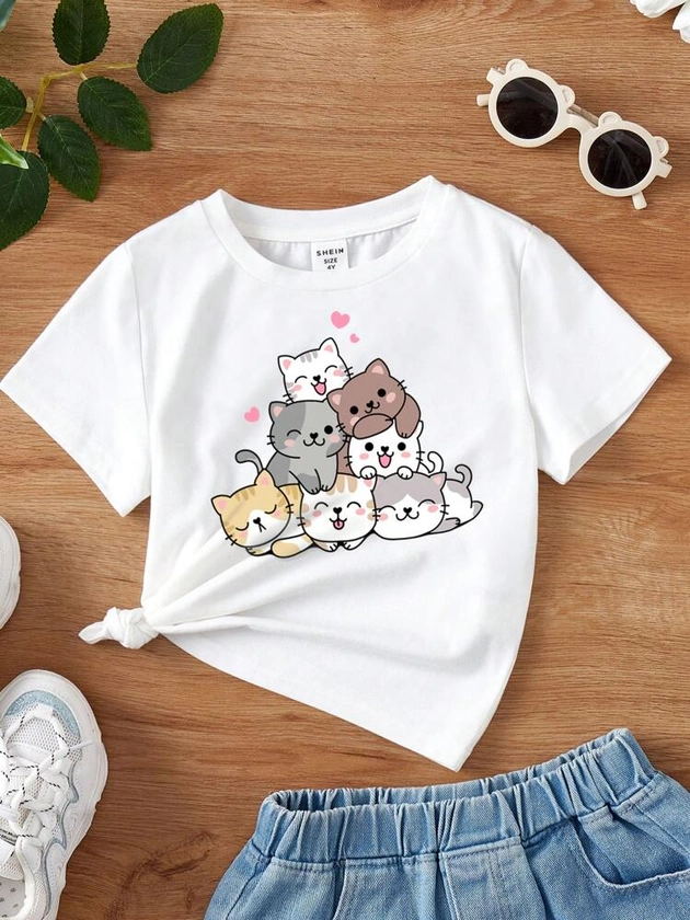 SHEIN Young Girl Casual Cartoon Pattern Short Sleeve T-Shirt