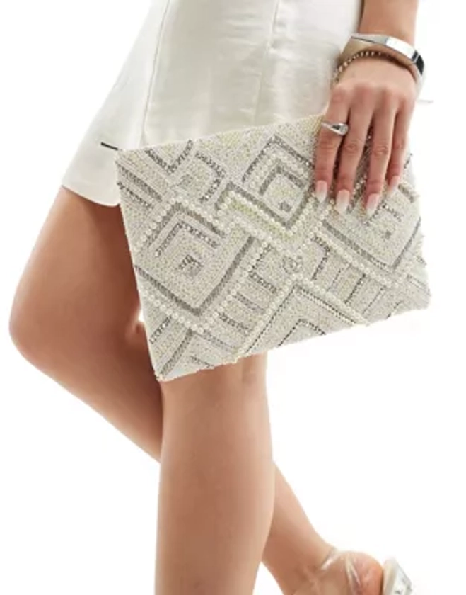 ASOS DESIGN diamond beaded zip top clutch bag in white | ASOS
