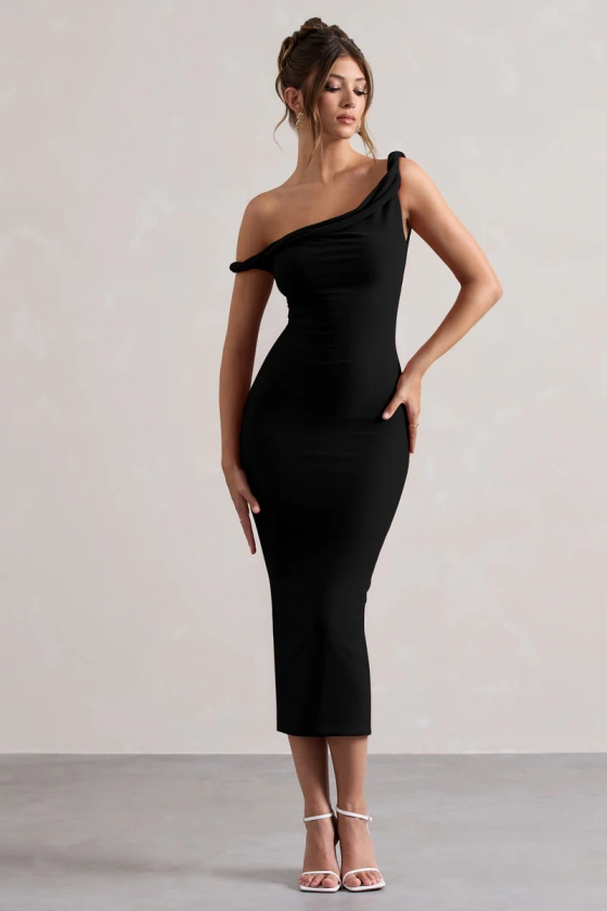 Salome | Black Twisted Asymmetric Midi Dress
