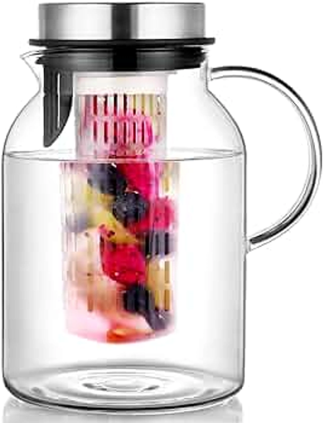 Glass Fruit Infuser Water Pitcher with Removable Lid, High Heat Resistance Infusion Pitcher for Hot/Cold Water, Flavor-Infused Beverage & Iced Tea - 2 Qt