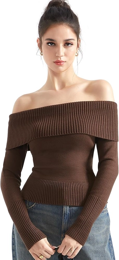 SUUKSESS Women Off Shoulder Sweaters Long Sleeve Ribbed Knit Going Out Fall Tops Blouse