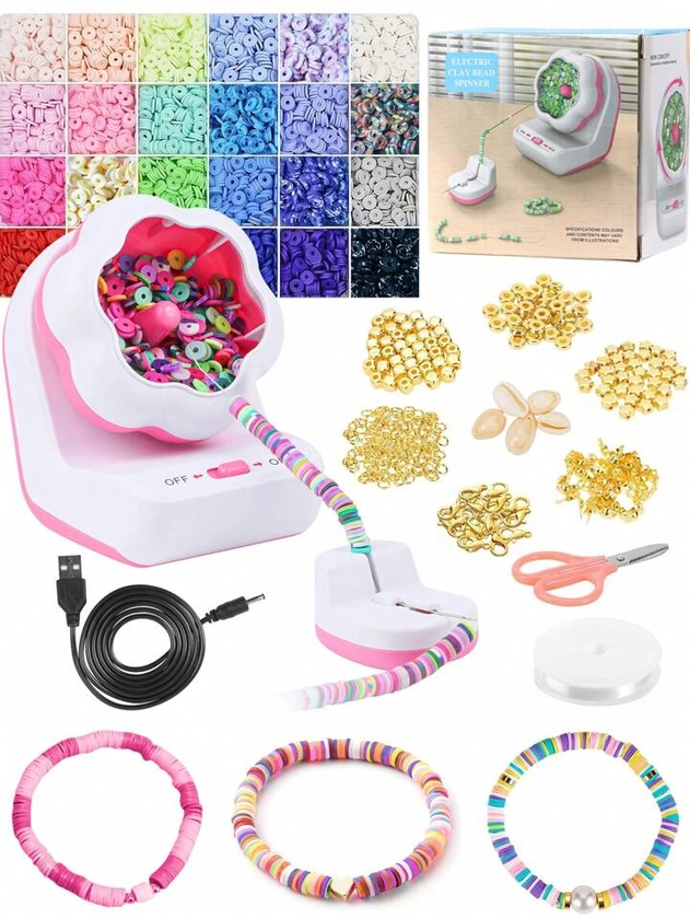 2400pcs Clay Bead Spinning Kit For Jewelry Making, Electric Clay Bead Spinner With 24 Colors Of Craft Beads And Charms Set, Packed In Gift Box For Making Waistbands, Bracelets Or Necklaces