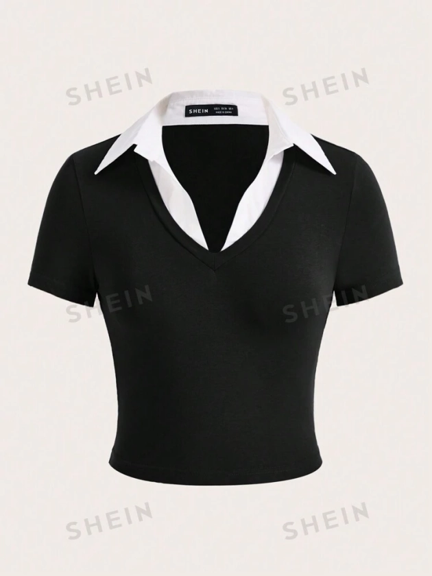 SHEIN EZwear Contrast Collar Ribbed Knit Tee