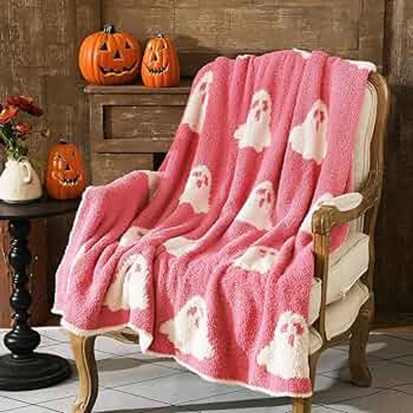 50 x 60'' Halloween Ghost Throw Blanket Microfiber Blanket Pink White Ghost Throw Blanket Cute Blanket Soft Cozy Fluffy Halloween Blanket for Living Room Sofa Bed(Ghost,White)