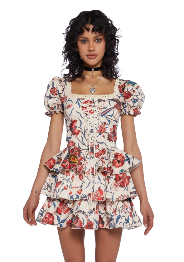 Current Mood Print Tiered Mini Dress With Puffy Sleeves - White