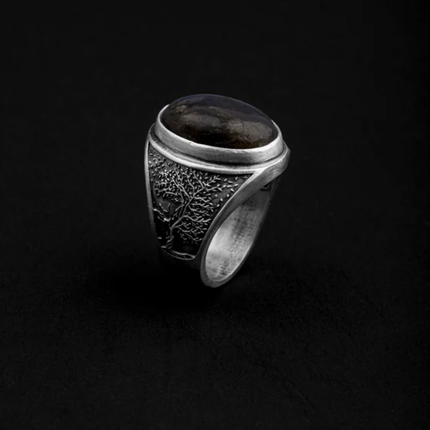 Labradorite Tree Of Life gemstone Ring, Tree Of Life, Nature Jewelry, Mens Promise Ring, Celtic Wedding Band, Gemstone Men Ring, Handmade
