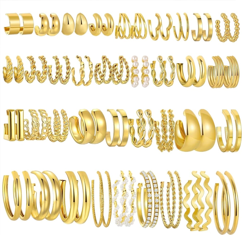 36 Pairs Gold Hoop Earrings Set for Women, Chunky Gold Earrings Multipack, Trendy Silver Hoop Earring Pack Jewelry