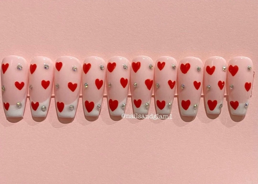 French Tips with Hearts & Rhinestones | Press on Nails UK | Stick on Nails | Reusable | Customised | Handmade | Set of 10
