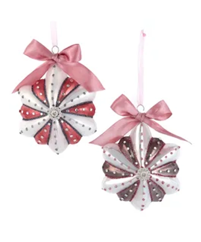 Glass Pink & Pewter Snowflake With Bow Ornaments, 2 Assorted