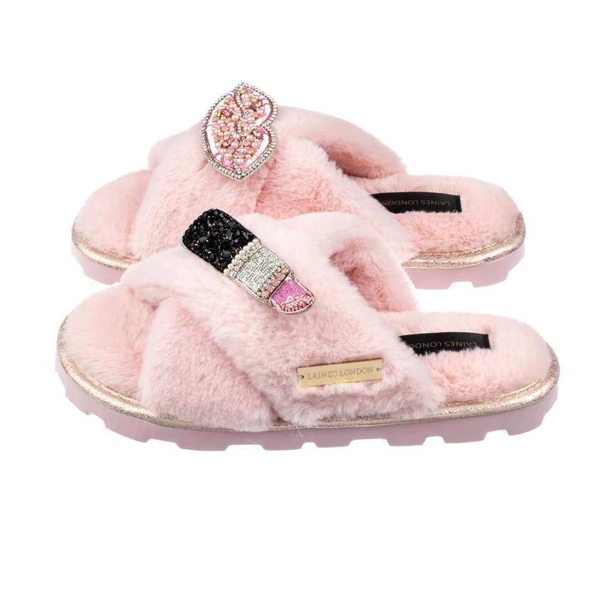 Ultralight Chic Laines Slipper Sliders With Pink & Silver Pucker Up Brooches - Pink by LAINES LONDON