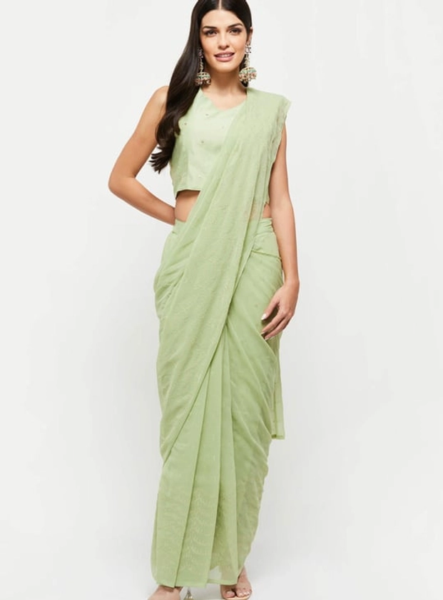 Women Embroidered Pleated Saree with Sleeveless Blouse