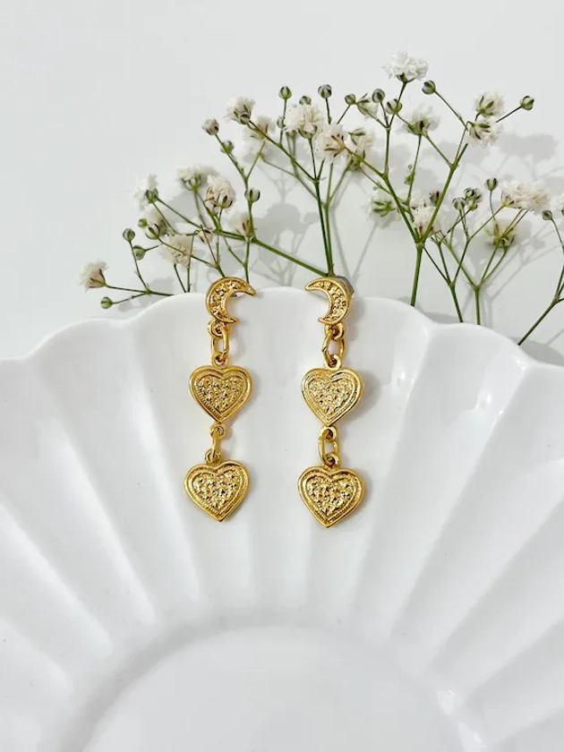 Vintage 1980s 18K Gold Plated Heart & Moon Earrings, Gift for Her, Dead stock, Bohemian Jewellery, Boho Earrings