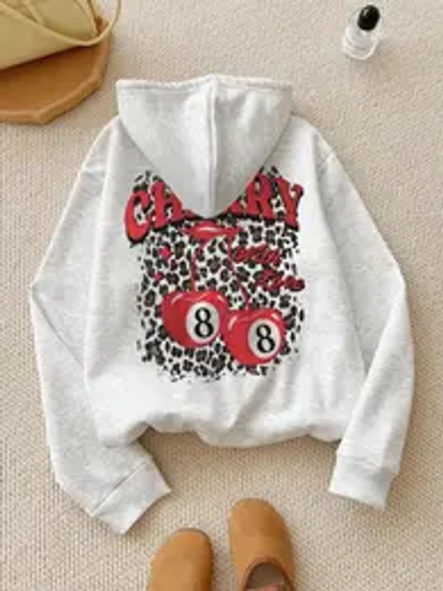 Women's Cherry & Letter & Leopard Print Drawstring Pocket Thermal Lined Hoodie, Fashion Casual Long Sleeve Hooded Sweatshirt for Daily Holiday Outdoor Wear, Women Clothing for Fall & Winter