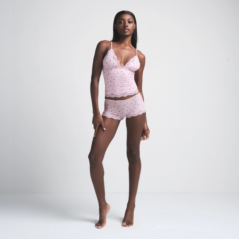 FITS EVERYBODY LACE TRIANGLE CAMI AND BOY SHORT SET | BABY PINK HOLLY PRINT