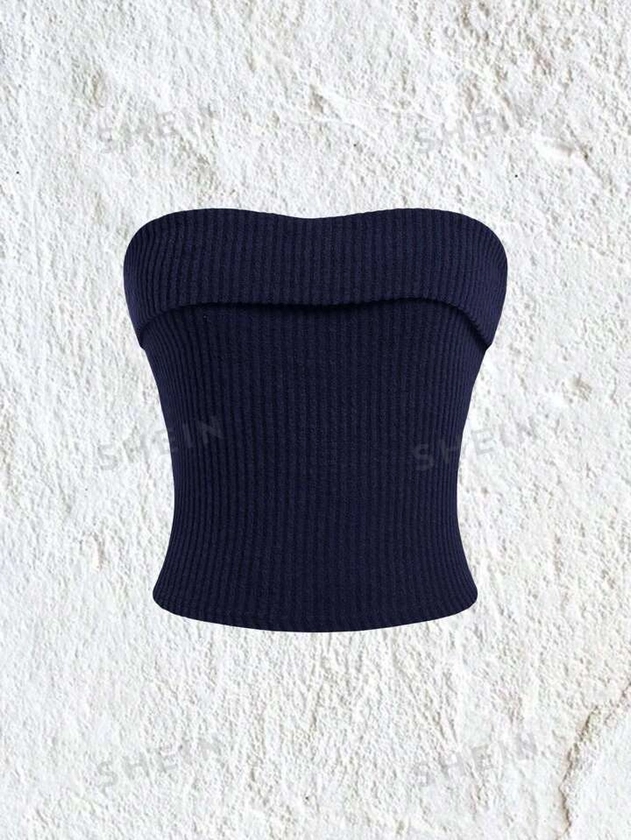 SHEIN EZwear Ladies' Casual Navy Blue Knit Strapless Top, Summer