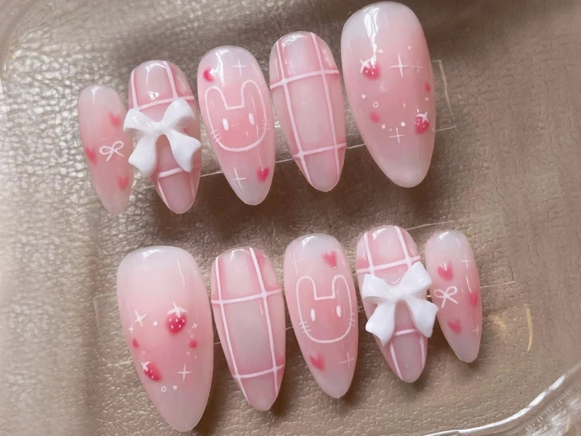 Sweet Pink Delights Press On Nail | Kawaii Pink Bow Nail Polish | 3D Strawberry and Bunny Nail Art | Adorable Pastel Nails | HC486Y