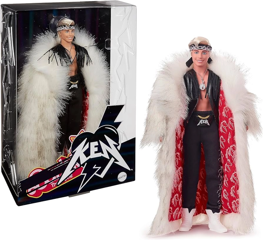 Amazon.com: Barbie The Movie Collectible Ken Doll Wearing Big Faux Fur Coat & Black Fringe Vest with Bandana (Amazon Exclusive) : Toys & Games