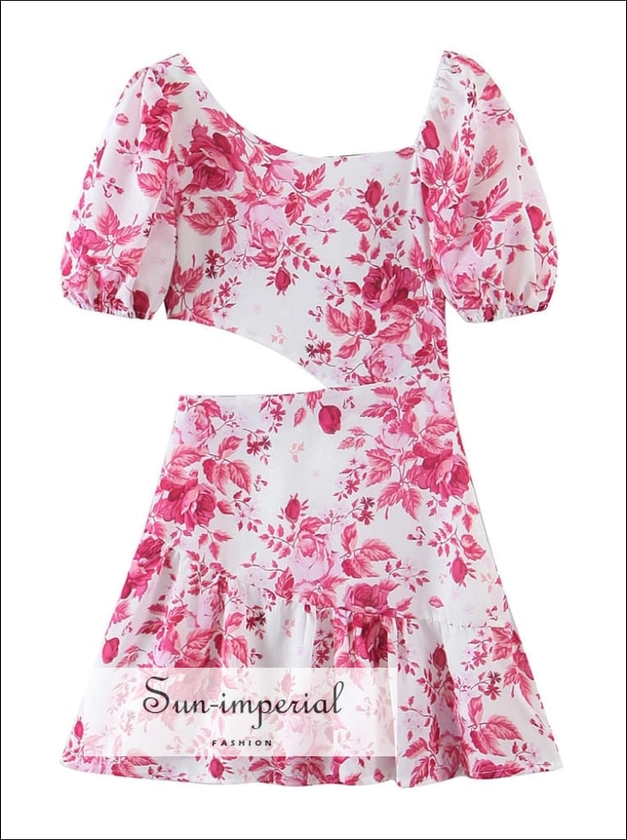 Women White Pink Flower Print Mini Dress with Short Puff Sleeve Cut out Waist and Ruffle detail