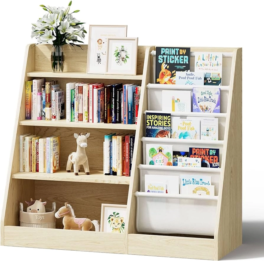 HedoAjim 4 Tier Kids Wooden Bookshelf,Five Layer Sling Children Bookcase,Baby Storage Book Rack,Book and Toy Organizer Cabinet Chest,Book Display Shelf,Playroom Nursery Classroom Library
