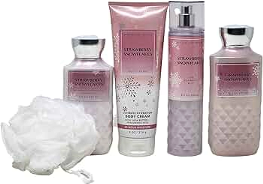 Bath and Body - Strawberry Snowflakes Deluxe Gift Set Body Lotion - Body Cream - Fragrance Mist and Shower Gel and FREE Shower Sponge Lot of 5 Full Size