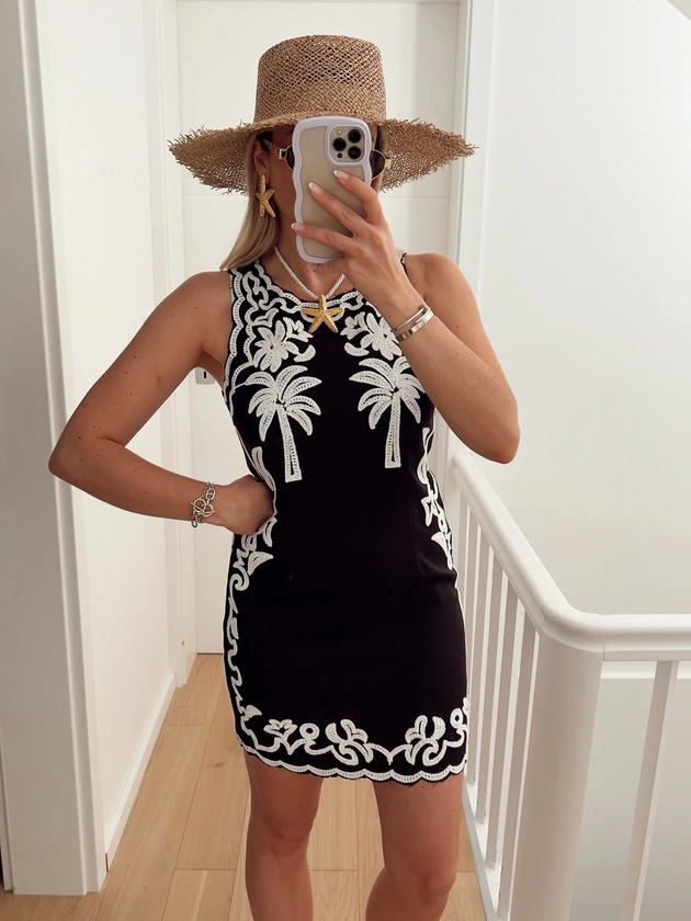 dress EMEL Palm embroidery, white and black