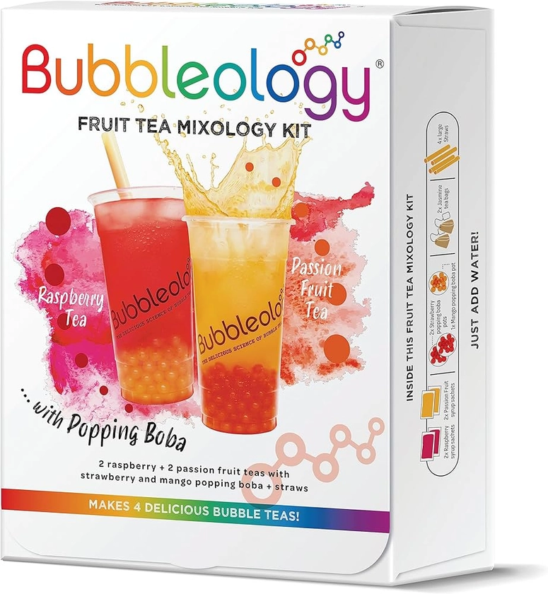 Bubbleology Fruit Bubble Tea Mixology Kit with Popping Boba (Pack of 1) Makes 4 Delicious Bubble Teas | 2 Raspberry Tea & 2 Passion Fruit Tea with Strawberry Boba & Mango Popping Boba : Amazon.co.uk: Grocery