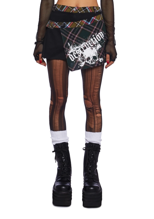 Current Mood Punquetee Punk Rock Twill Flannel Mixed Plaid Skull Studded Mini Skirt - Multi