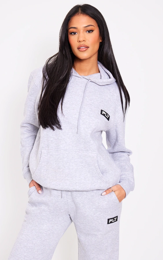 Plt Tall Grey Marl Logo Badge Oversized Hoodie