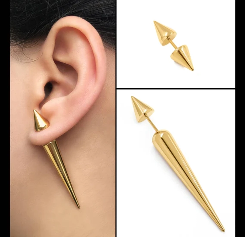 Harley Long Spike earring. Fake Gauge GOLD Spike earring.. Screw Back. Stainless steel gold plated
