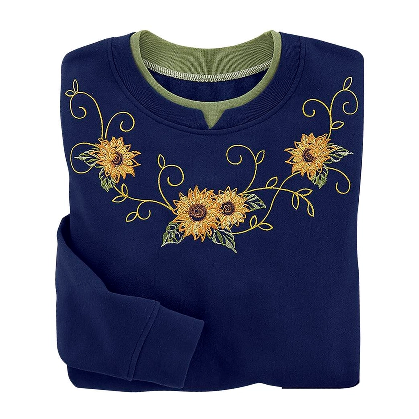 Sunflower Swirl Sweatshirt, Embroider-Applique, Inset Collar - Country Store Casual Collection