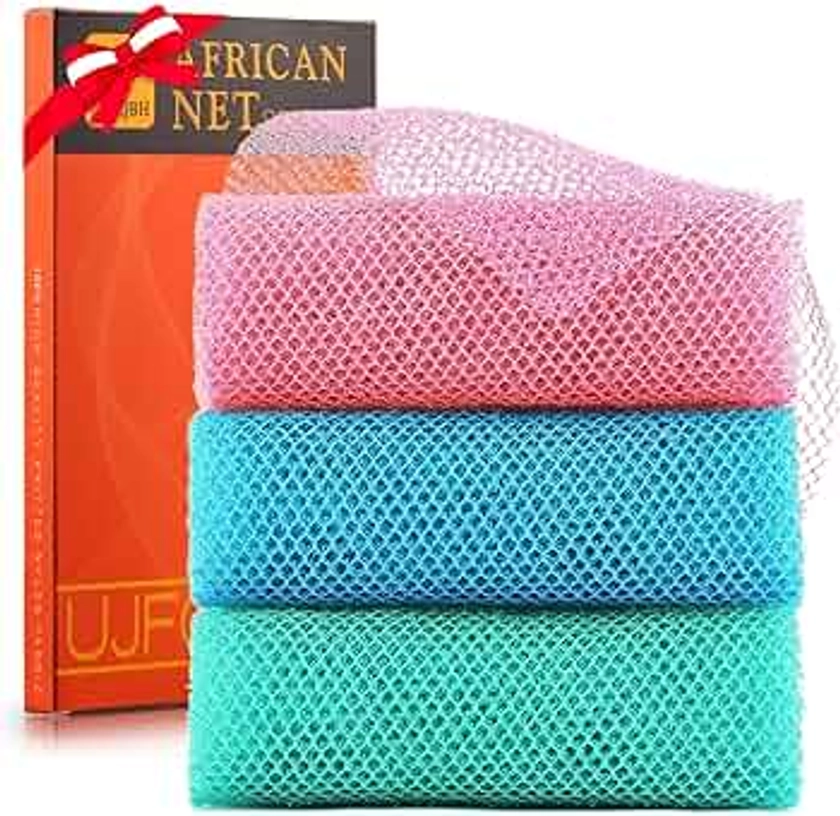 3 Pieces african exfoliating net African Net Long Net Bath Sponge Exfoliating Shower Body Scrubber Back Scrubber Skin Smoother,Great for Daily Use (Pink, Blue, Green)