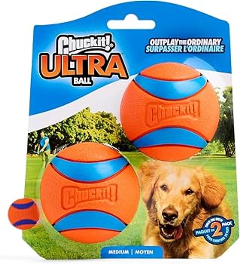 Chuckit! Ultra Ball Dog Toy - Medium Bouncy Fetch Balls For Dogs 20-60 lbs - Made from Durable Rubber - Floating Water Pet Toys - Size Medium - 2.5-inch Diameter - Pack of 2