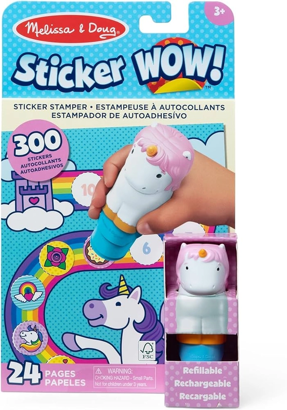 Melissa & Doug Sticker WOW Estampeuse à Autocollants et Bloc d'activités de 24 Pages, 300 Autocollants, Art et Bricolage, Jouet à Manipuler, Personnage à Collectionner – Licorne