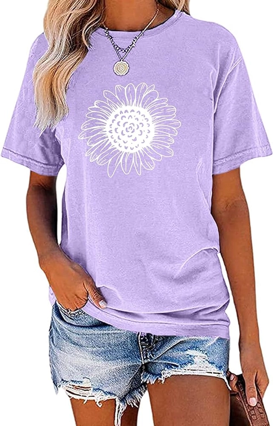 EADINVE Women's Summer Short Sleeve Cute Sunflower Graphic Printed Tee Vintage T Shirt Cotton Tops Novelty Cool Shirts