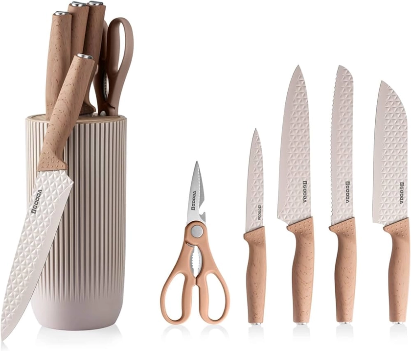 Amazon.com: GOODA Kitchen Knife Set With Block,6-Piece Professional Chef Cooking Knives Set For Kitchen,Non-Stick Stainless Steel Knife Block Set (Khaki): Home & Kitchen