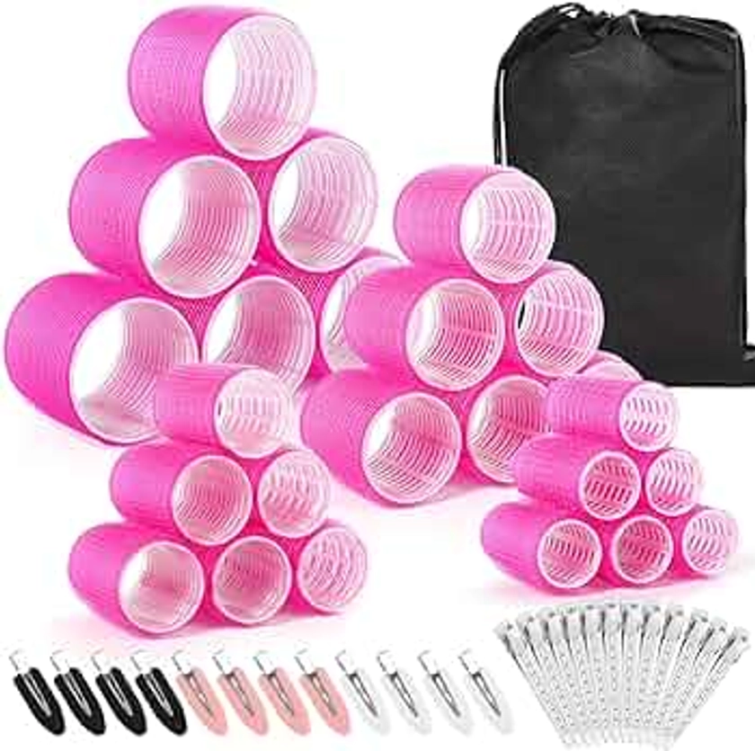 shynek Hair Rollers 48 Pcs Set, 24Pcs Hair Rollers 4 Sizes and 24 Pcs Hair Clips for Long Medium Short Hair (Pink)