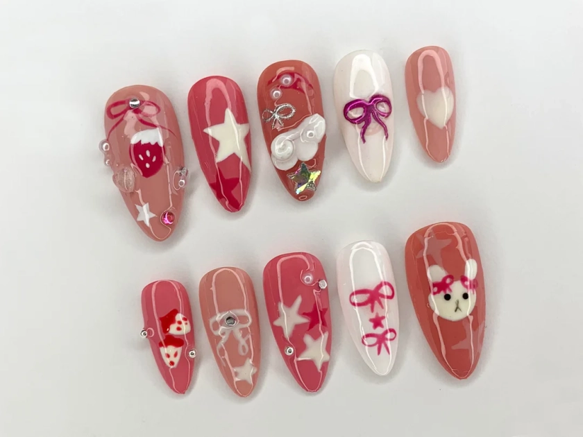 Pink Miffy Long Almond Press On Nail | Cute Bunny False Nails Art | Strawberry, Stars and Bow Nails for Holiday Birthday Easter | JC295S