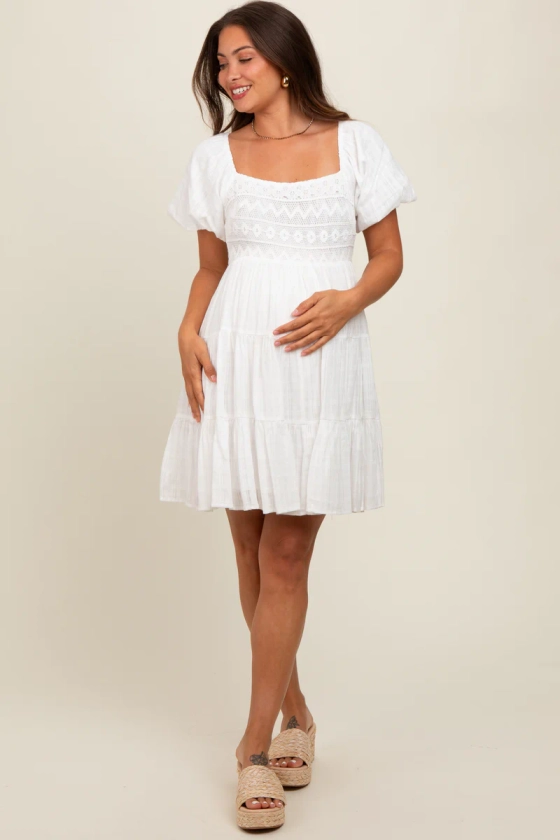 White Crochet Tiered Maternity Dress