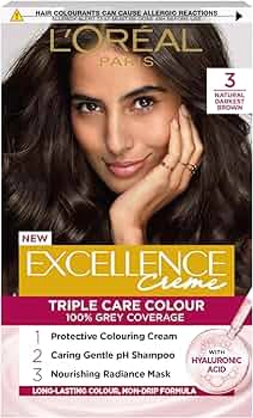 L'Oréal Paris Excellence Crème Permanent Hair Dye, Radiant At-Home Hair Colour with up to 100% Grey Coverage, Pro-Keratin, Up to 8 Weeks of Colour, Colour: 3 Natural Darkest Brown