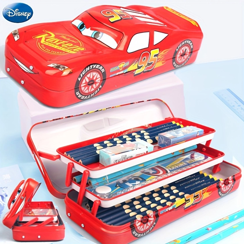 * * * Triple-Layer Metal Pencil Case by UME - Cute Cartoon Stationery Box for Kids with Pen, Pencil & Marker Storage