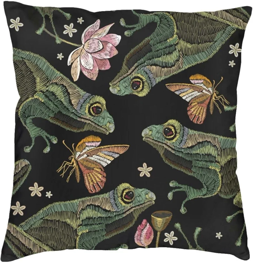 Cozy Throw Pillow Cover Vintage Frogs Lotus Flowers and Butterfly Decorative Square Pillowcase Throw Cushion Case for Bedroom, Living Room, Sofa, Couch and Bed, 18 x 18 Inches