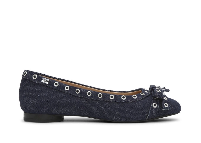 Denim Eyelet Bow Ballerinas | GANNI UK